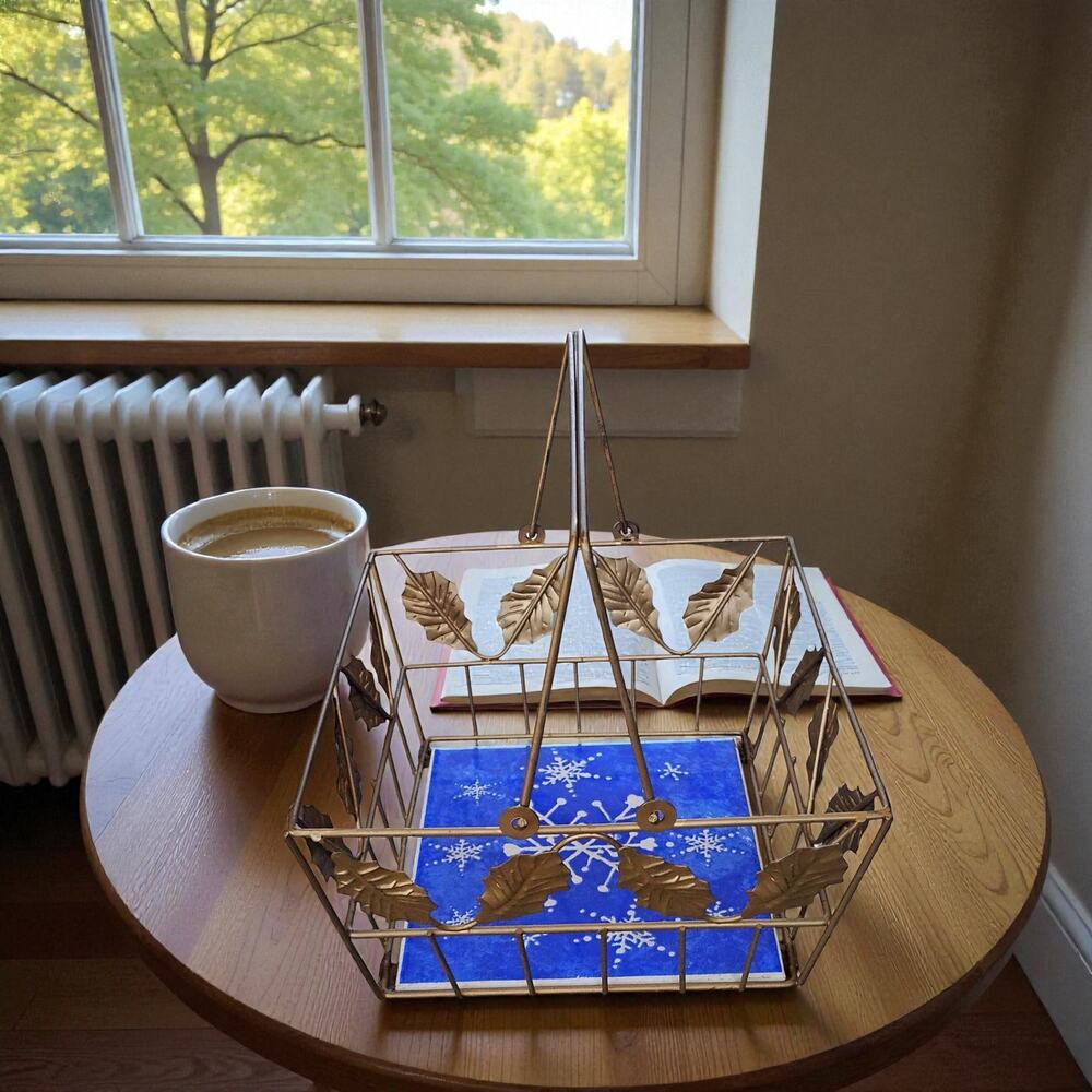 💙❄️Metal Square Basket Gold Holly Leaves & Blue Snowflake Tile Insert